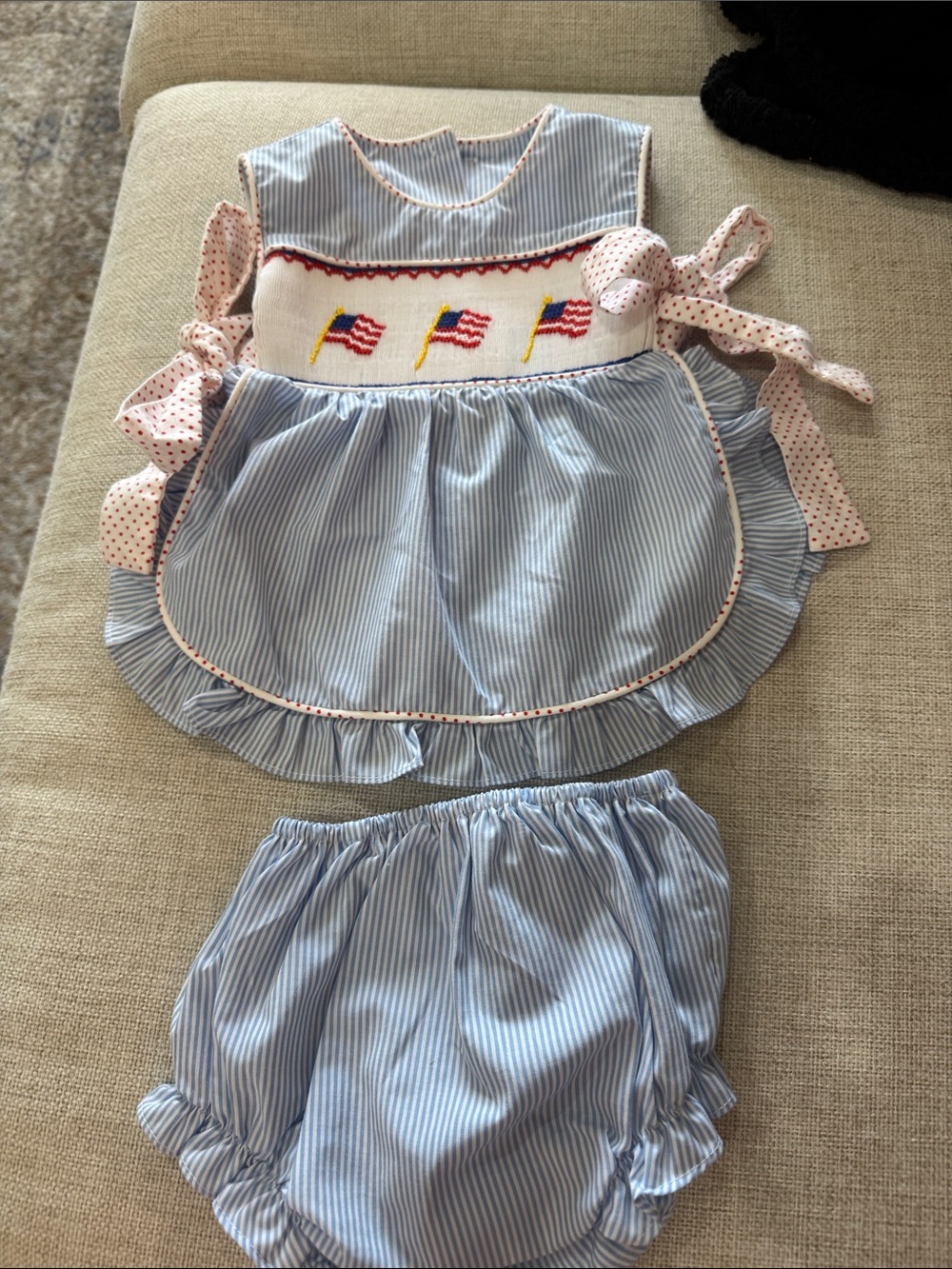 Girls' Blue Stripe Smocked Flag Matching Underwear Set